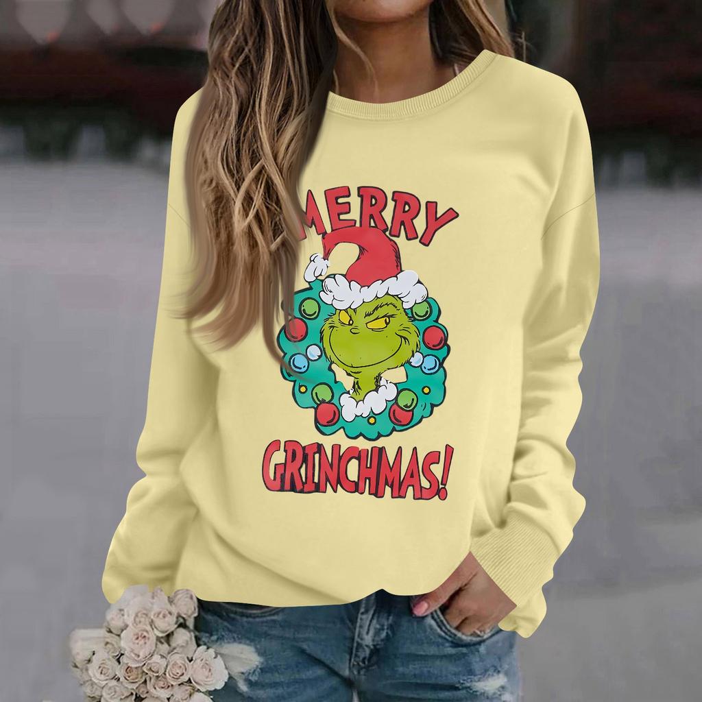 Женская модная повседневная толстовка с длинным рукавом, однотонная, с рождественским принтом, с круглым вырезом