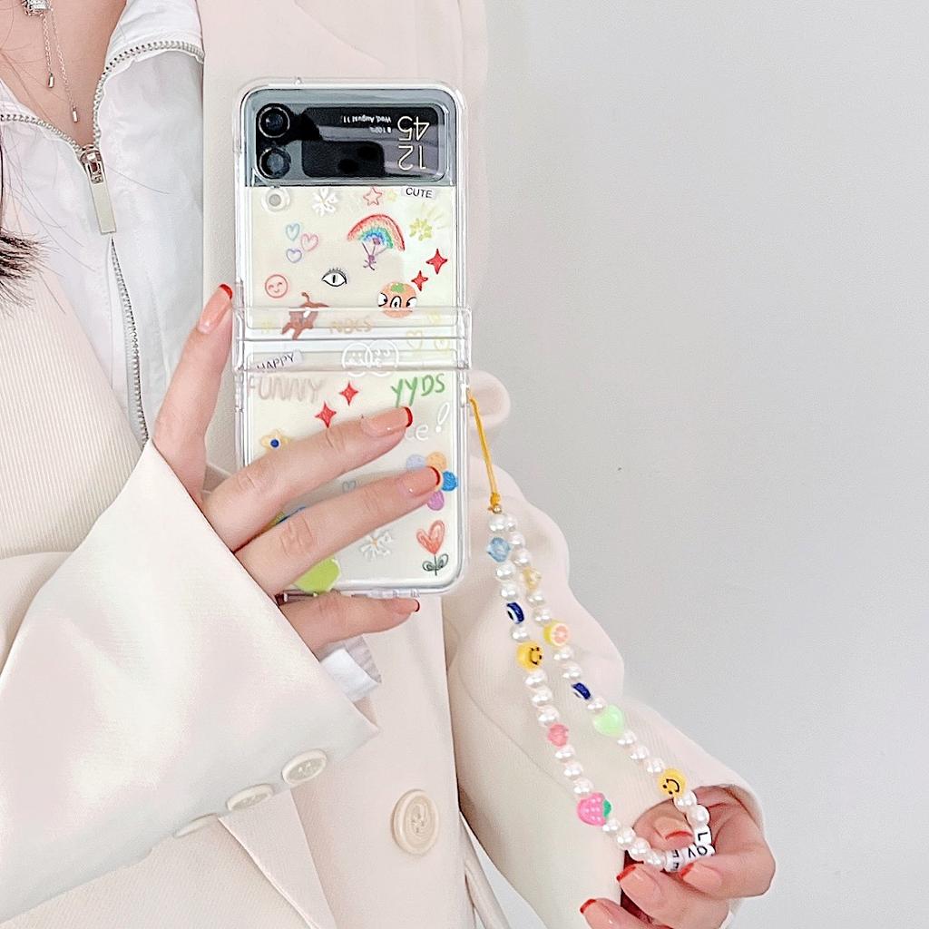 Чехол для Samsung Z Flip 3, прозрачный чехол с милым узором и браслетом, чехол для телефона Samsung Z Flip 4 Zflip4 Allinone, жесткая задняя крышка