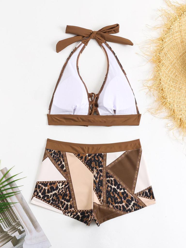 Женский консервативный купальник бикини с цветными блоками и завязками халтер - Купальник из двух частей, Популярный дизайн