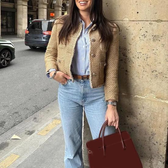 Женские укороченные твидовые пиджаки с длинным рукавом и застежкой на пуговицы, короткое пальто