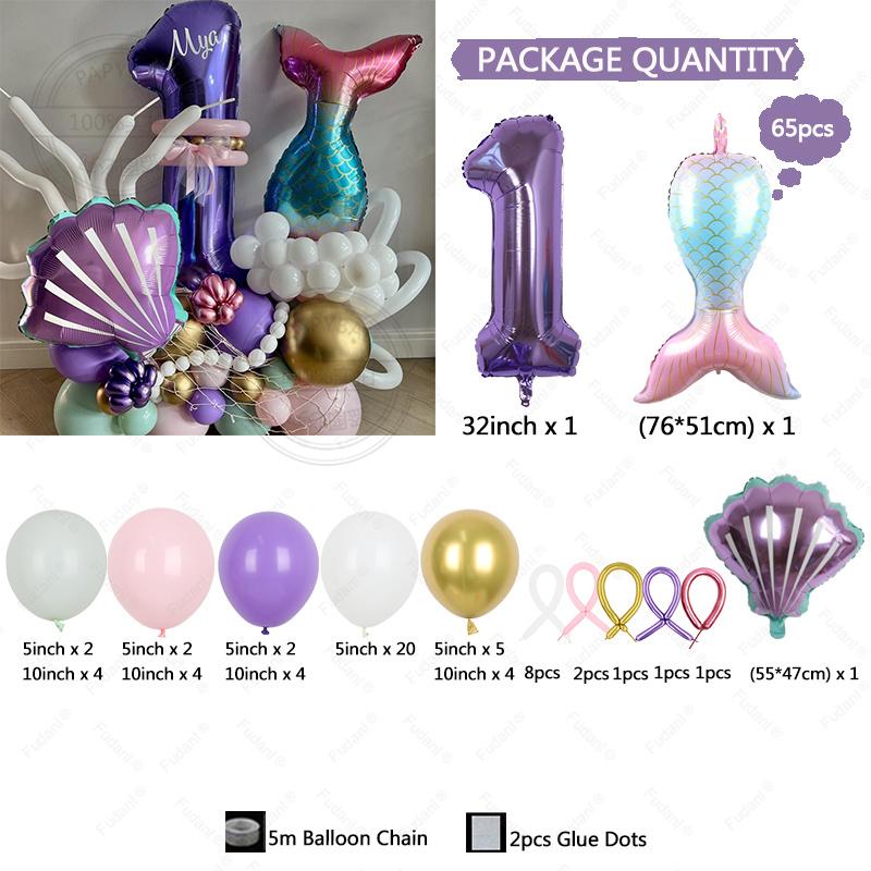 65PCS Underwater World Theme Mermaid Shell Purple Digital Aluminum Film Balloon Children's Birthday Baby Shower Decoration Ballo