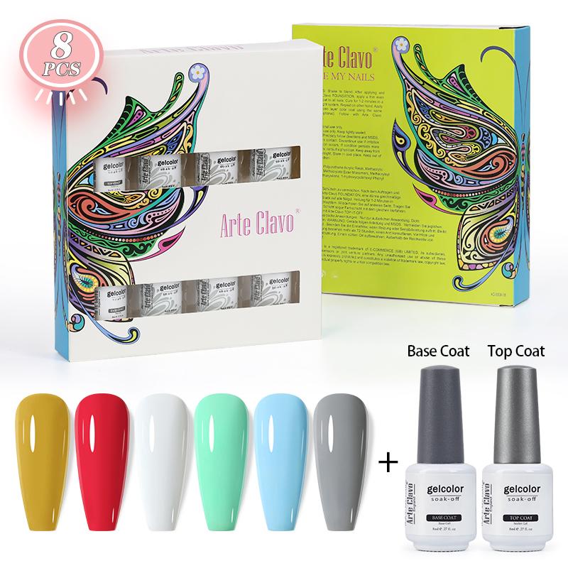 Arte Clavo 8 бутылок/набор, высококачественный блестящий гель-лак для ногтей для маникюра, гель-лак для дизайна ногтей, верхнее базовое покрытие, лак
