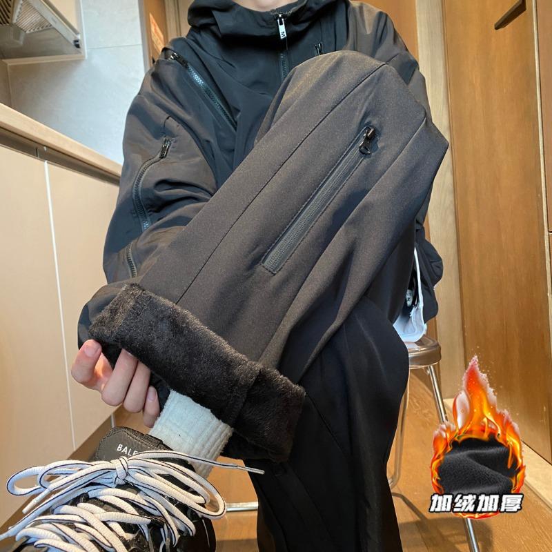Forward Men's Winter Plus Velvet Thickened Warm Zipper Waterproof Hiking Pants Loose Straight Casual Trousers