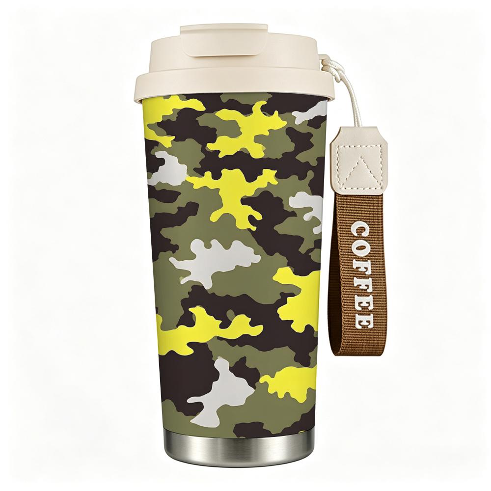 Camouflage Print Stainless Steel Insulated Coffee Tumbler Walled Vacuum Thermal Cup, Portable Reusable Drinkware for Outdoor Hiking Travel