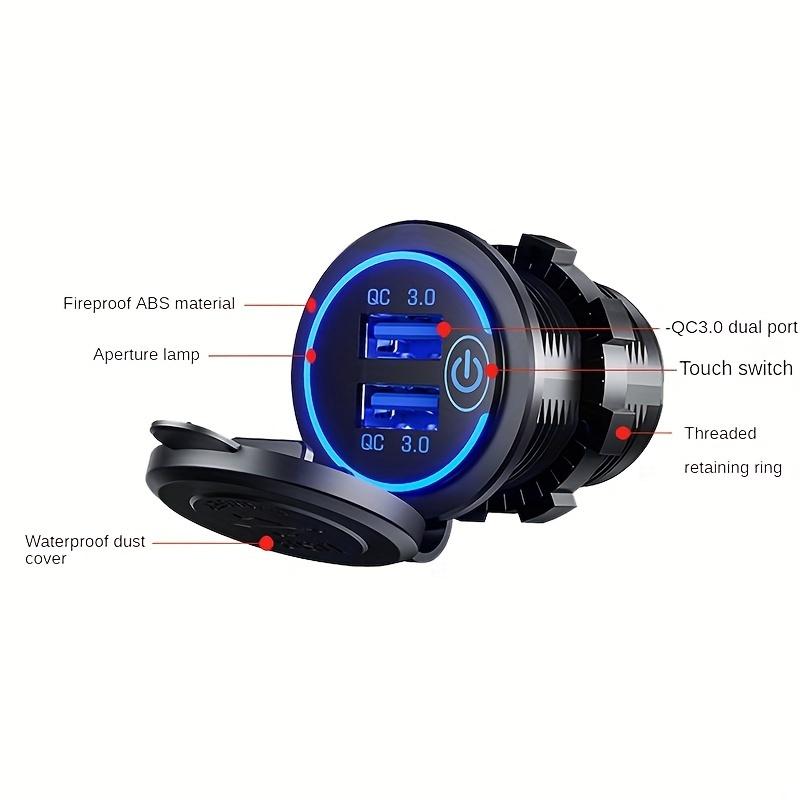IP66 Waterproof USB Car Charger with Touch Switch, Dual QC3.0 Ports and Dust Cover for Marine Boat RV Motorcycle Dashboard Installation