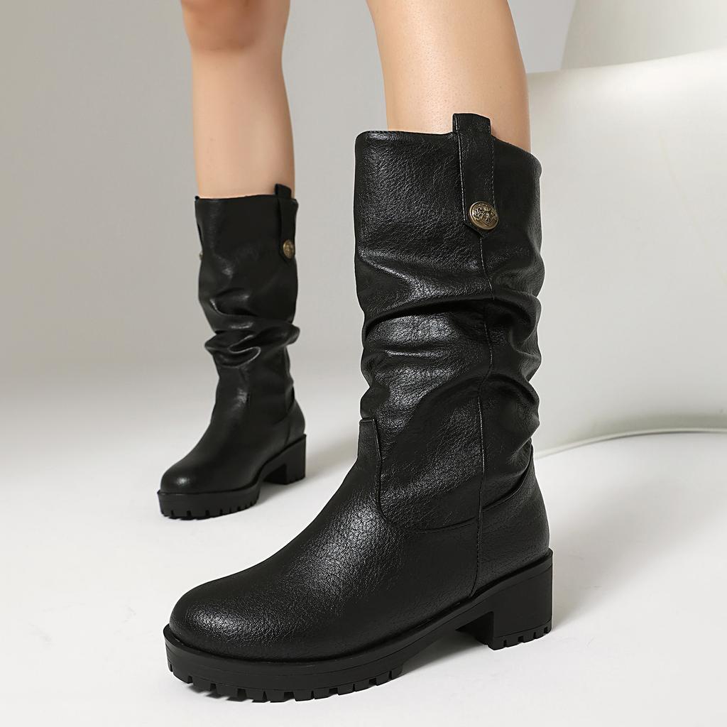 Women's Low-heeled Boots Autumn and Winter New European and American Thick-heeled Large-size Roman Medium Boots