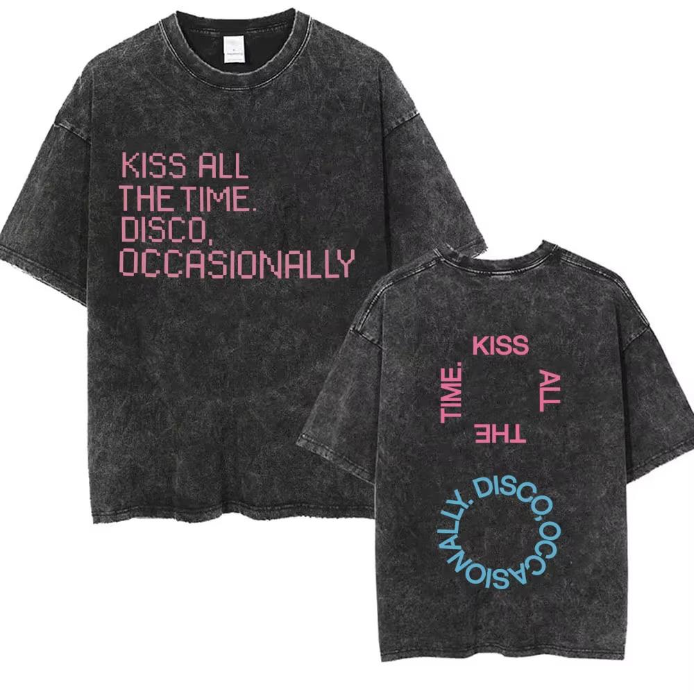 Kiss All The Time Disco Occasionally Washed Vintage T-shirts Fans Gift Men Women Fashion Pop Music Streetwear Male Oversized Tee