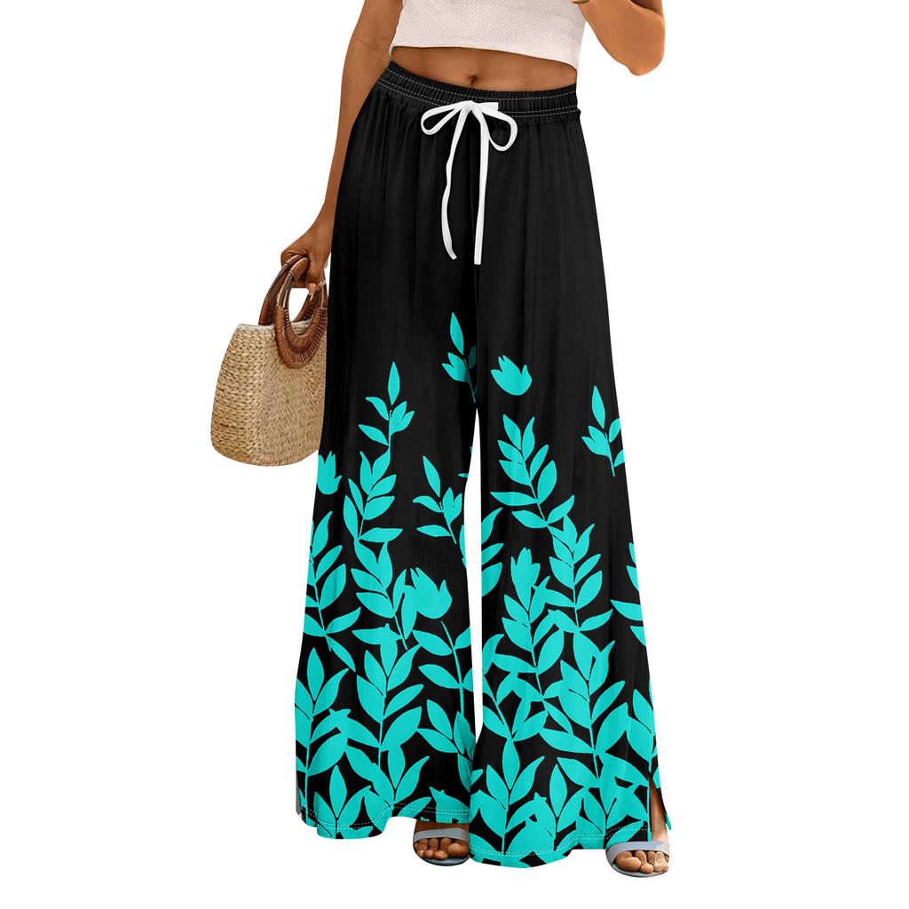 Women Summer Boho Palazzo Pants High Waist Wide Leg Rinting Casual Trousers With Pockets