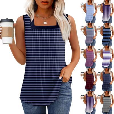 Майка для женщин Летние наряды Без рукавов Блузки с принтом Повседневные свободные рубашки Плиссированные квадратные вырезы