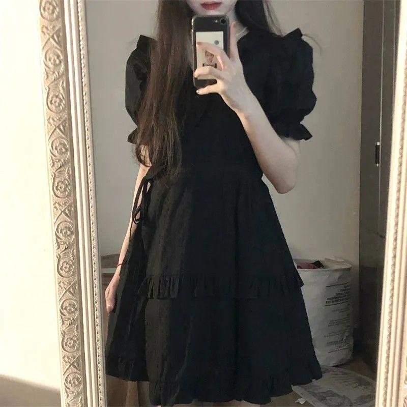 Корейская версия ретро однотонного платья с деревянными ушками и боковым кукольным воротником, облегающее талию, студенток, летняя юбка трапециевидной формы