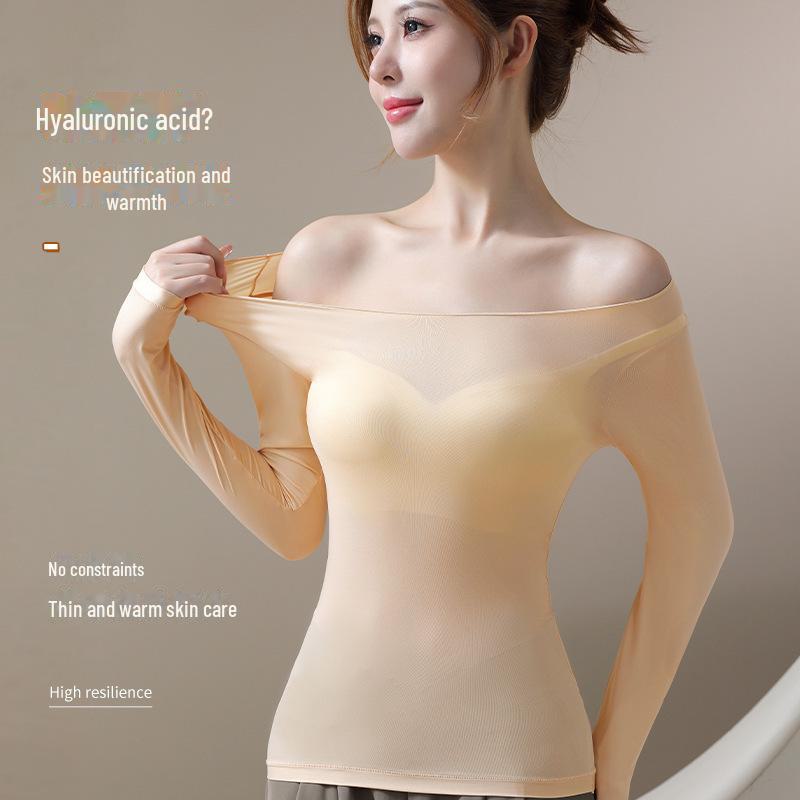 Женское бесшовное термобелье: Осенне-зимняя ультратонкая рубашка с круглым вырезом