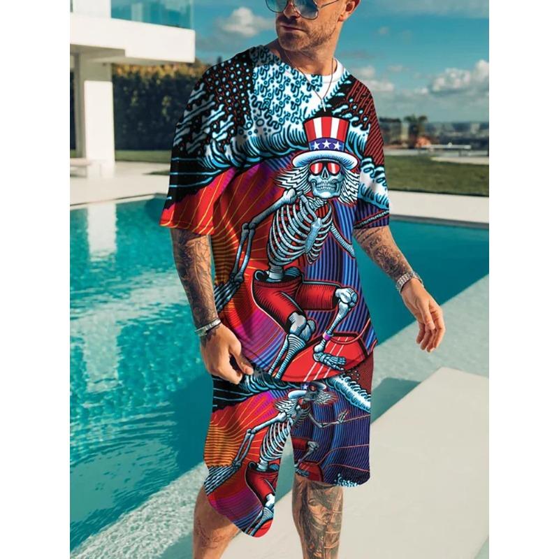 2025 Летний спортивный комплект из 2 предметов для мужчин, футболка с короткими рукавами и принтом в виде цветных блоков, шорты, комплект для бега, для улицы, для мужчин, светлый