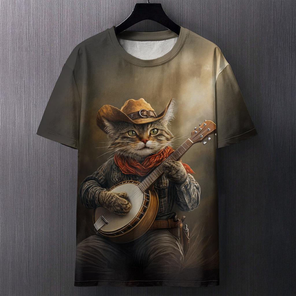 Fun Cat Pattern Printed T-shirt Summer Casual Loose Round Neck Short Sleeved Men's T-shirts