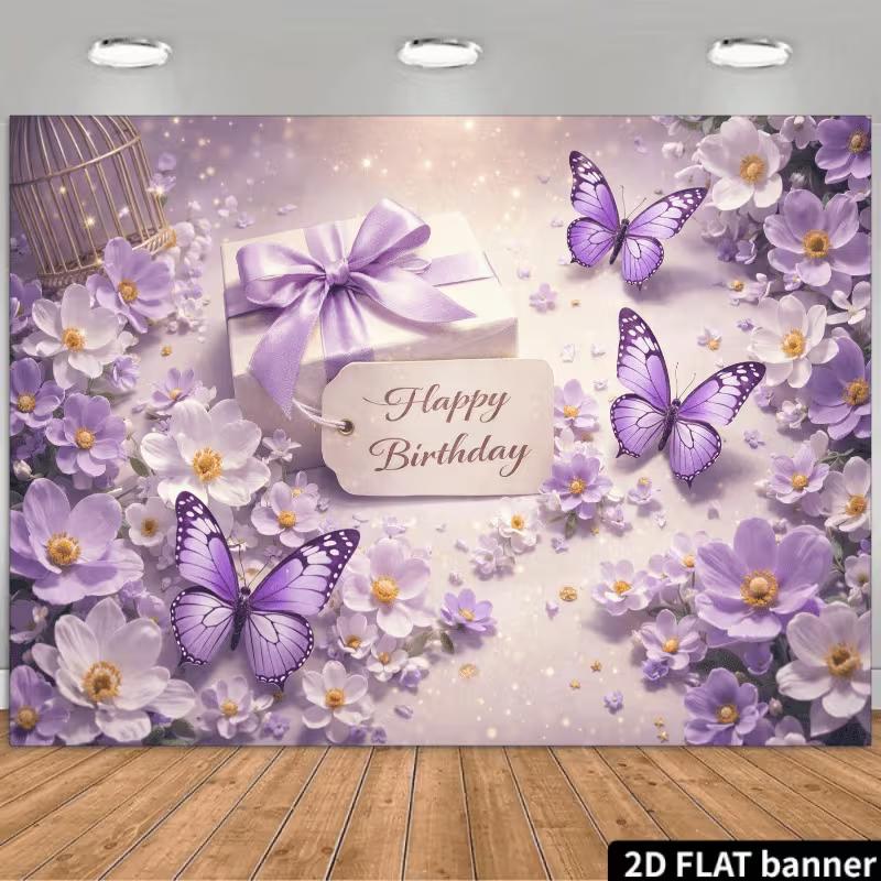 2D Elegant Purple Flower Butterfly Themed Birthday Decor Banner
