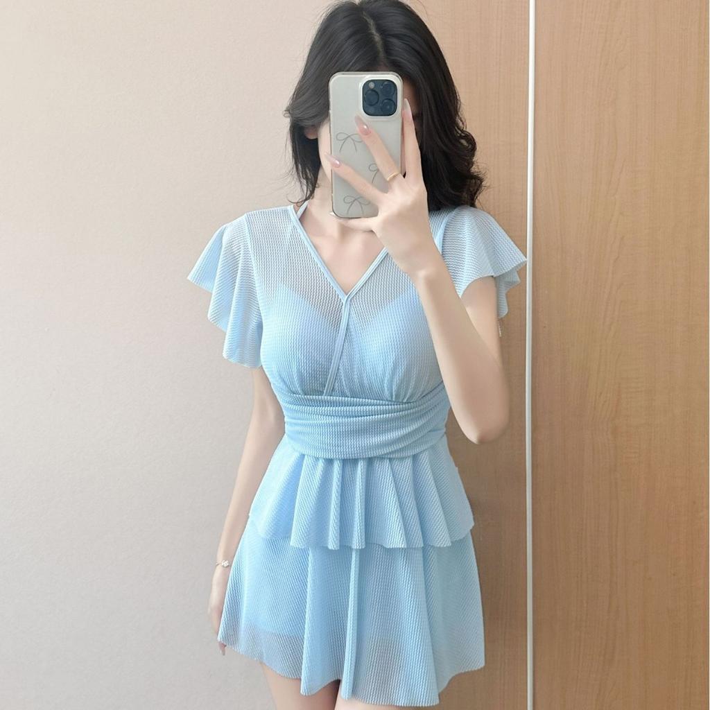 New polyester swimsuit women's conservative one-piece flat-angle belly cover and thin small chest steel tray gathering hot spring swimsuit