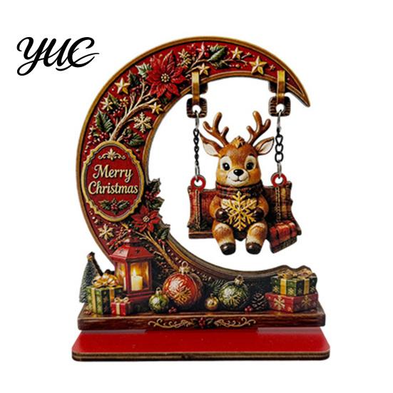 Compact Festive Tabletop Accents Wooden Christmas Tree Ornament, Santa Snowman Reindeer Crescent Moon Swing Desktop Ornament Decor for Home