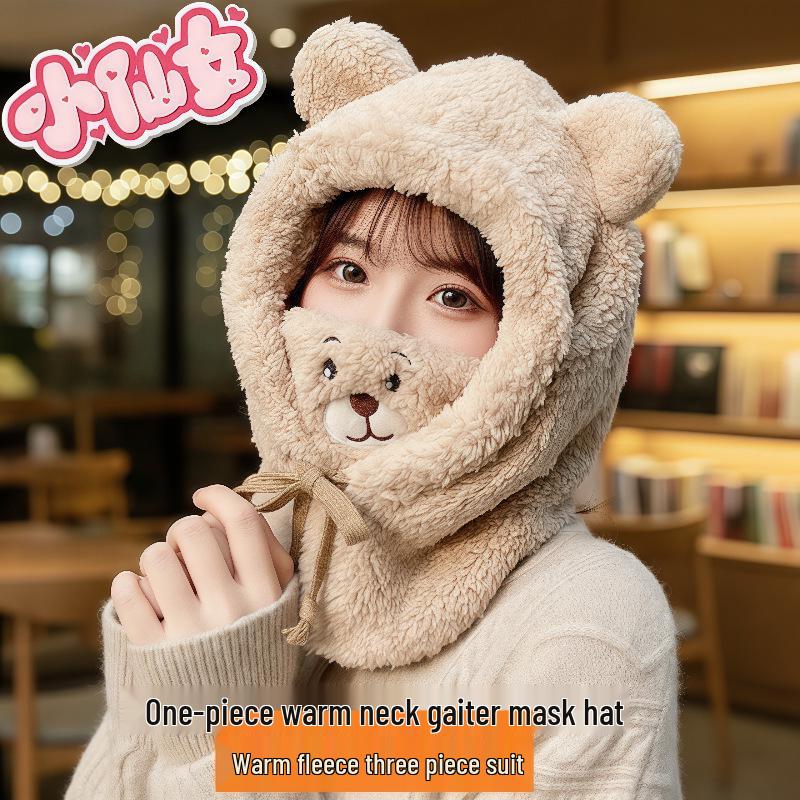 Женская теплая шапка с мишкой: Комплект пуловер, шарф и маска для велоспорта и защиты от холодной погоды