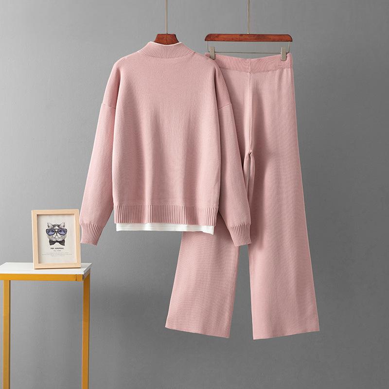 Модный повседневный шерстяной костюм женский осенне-зимний новый свободный свитер вязаные широкие брюки комплект из двух предметов