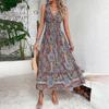 Женское богемное платье с V-образным вырезом без рукавов с открытыми плечами Узкая талия Плюс Размер Красочный принт Узкая эластичная талия Длина до середины икры Летнее пляжное платье миди