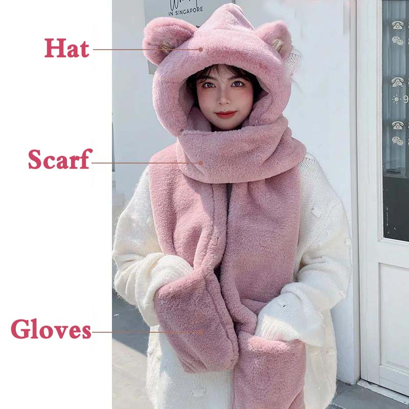 Bear Hat Scarf One-piece Female Cute All-match Winter Thickening Warm Plush One-piece Hat