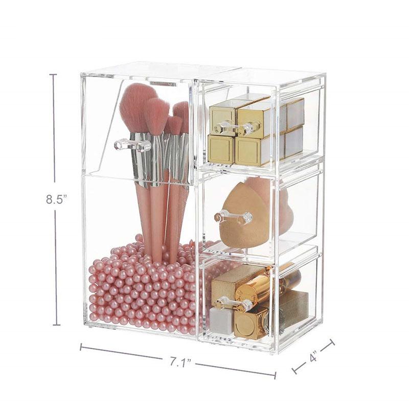 Clear Makeup Brush Organizer, Storage Rack with Drawers, Storage Box with Lid and Pearls for Storing Makeup Tools and Jewelry