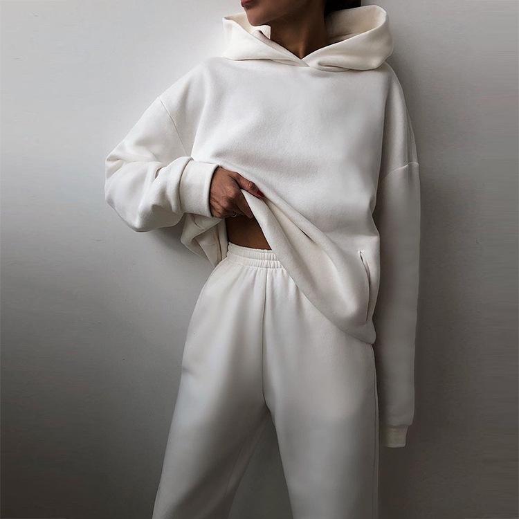 Spring new women's clothing, European and American hooded sweater trousers set, solid color fashion and casual two-piece set