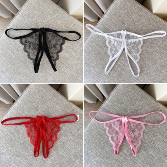 Women Panties Lace Open Crotch See-through Bow-knot Decor Solid Color Thongs G-string Lady Low Waist Thin Intimate Women Underwear