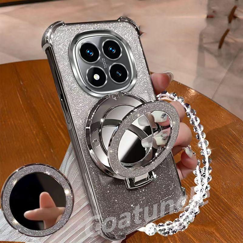 Glitter Magnetic Mirror Stand Bracelet Holder Case For Xiaomi Poco X7 PocoX7 Pro X6 X5 M7 M6 F6 F3 F7 Pro Ultra Shockproof Cover