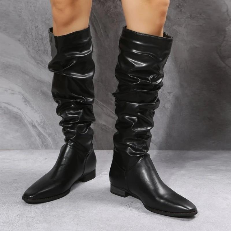 Обувь для женщин 2024 Весна Сапоги до колена Красные Черные Белые Высокие Сапоги Женские Плиссированные Низкие Каблуки Повседневные Кожаные Женские Длинные Туфли