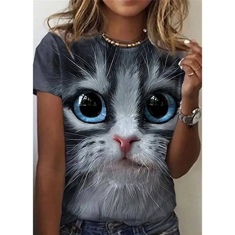 Женская 3D Милая Футболка с принтом кота Модные женские футболки Топы Harujuku Kawaii Oversize Летний топ с круглым вырезом Женская одежда