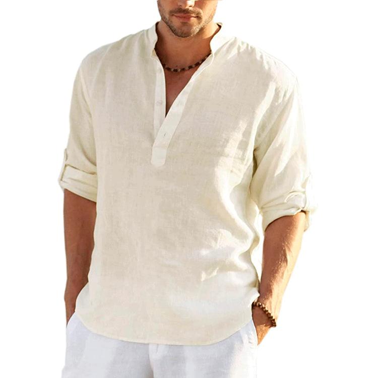 Large Size Men's Spring and Summer Buttoned Top Long Sleeve T-Shirt Solid Loose Fit Linen Shirt