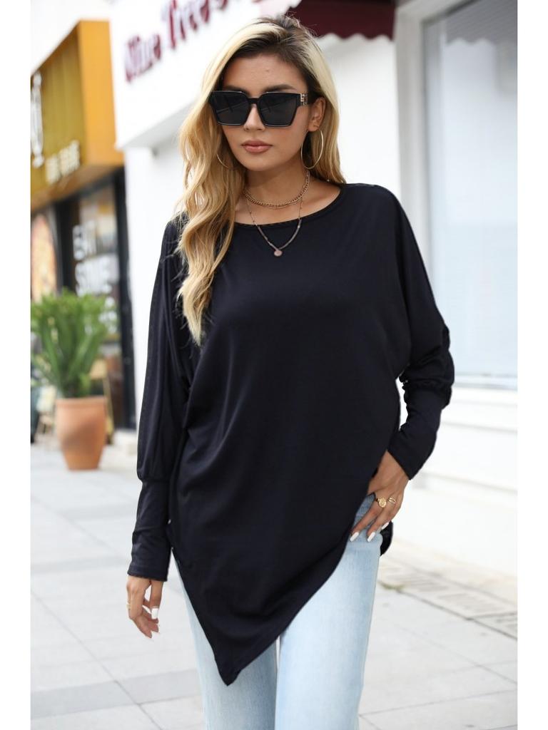 Women's Oversize Long-Sleeve Spring/Fall Asymmetrical Hem T-Shirt