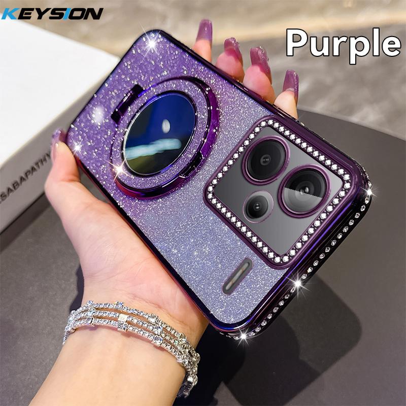 KEYSION Glitter Jewelled Magnetic Phone Case for Redmi Note 13 4G 13 Pro+5G Mirror Stand Shockproof Cover for Xiaomi POCO X6 M6 Pro