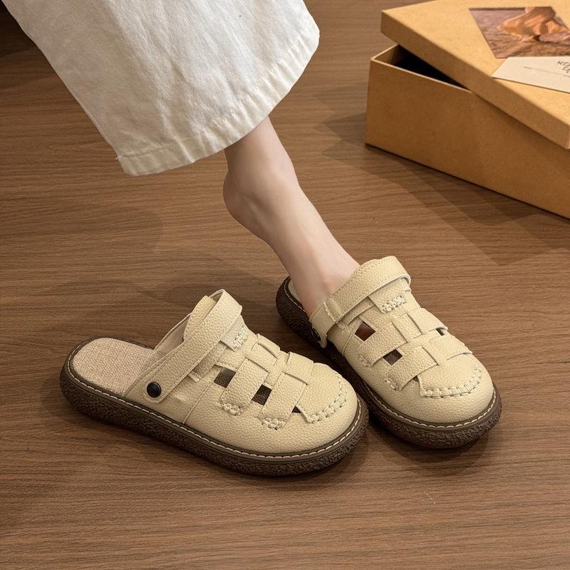Two Wearing Hollowed-out Bag Head Sandals for Women In 2025 New Literary Hole Thick-soled Mori Roman Half Slippers for Summer Wear