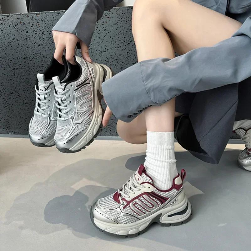 Женские массивные кроссовки, дышащие туфли на шнуровке и платформе, женская повседневная обувь для бега, женская модная повседневная спортивная обувь, вулканизированная обувь