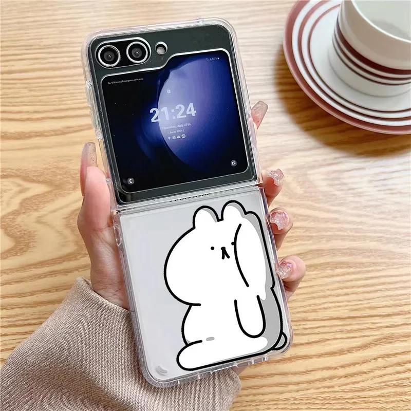 Cute Bear Bunny Couple Paired Phone Case for Samsung Galaxy ZFlip 5 ZFlip6 Transaprent Clear Cover for Samsung ZFlip7 4 3 Fundas