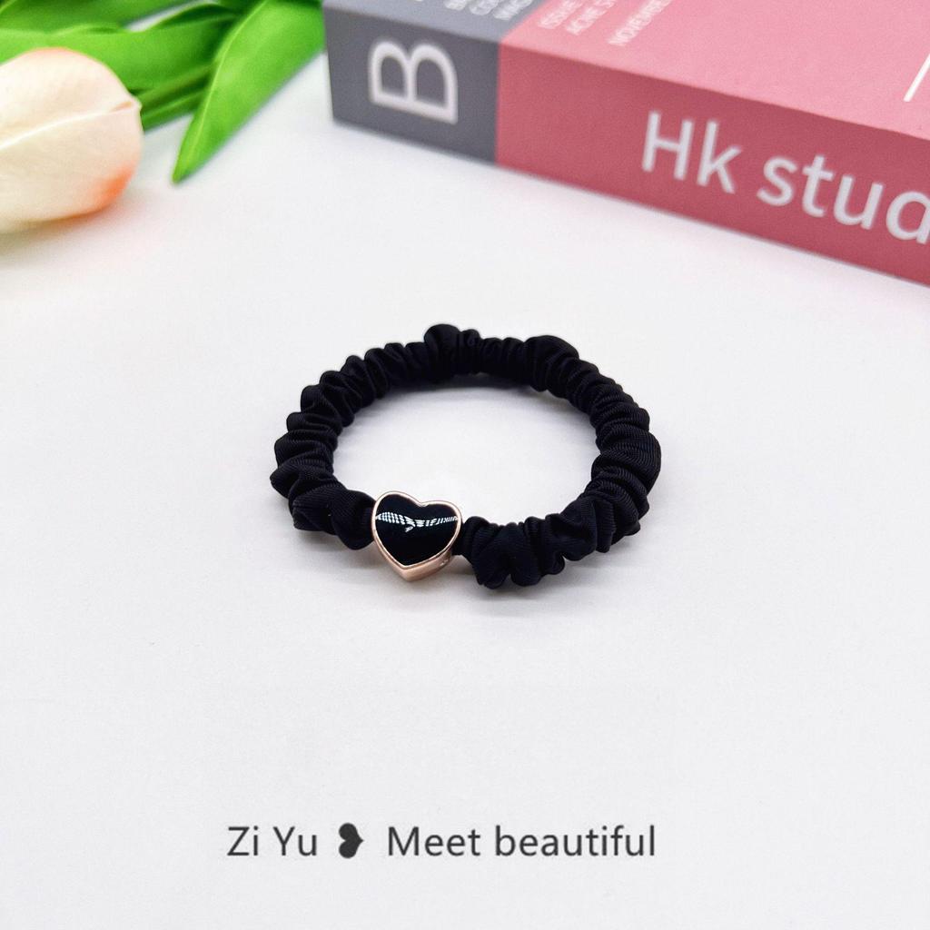 Textured Geometric Love Beaded Hair Ring - Black Rubber Band, Korean Style