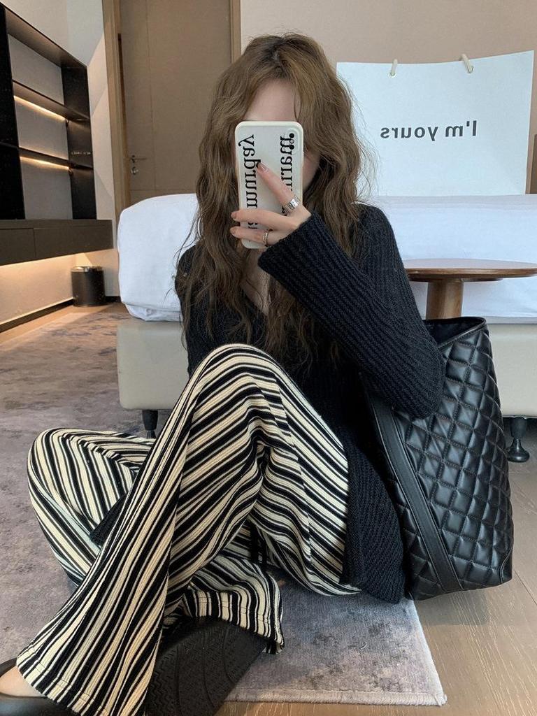 Женские брюки больших размеров в вертикальную полоску, с высокой талией, стройнящие, повседневные, длиной до пола, летние