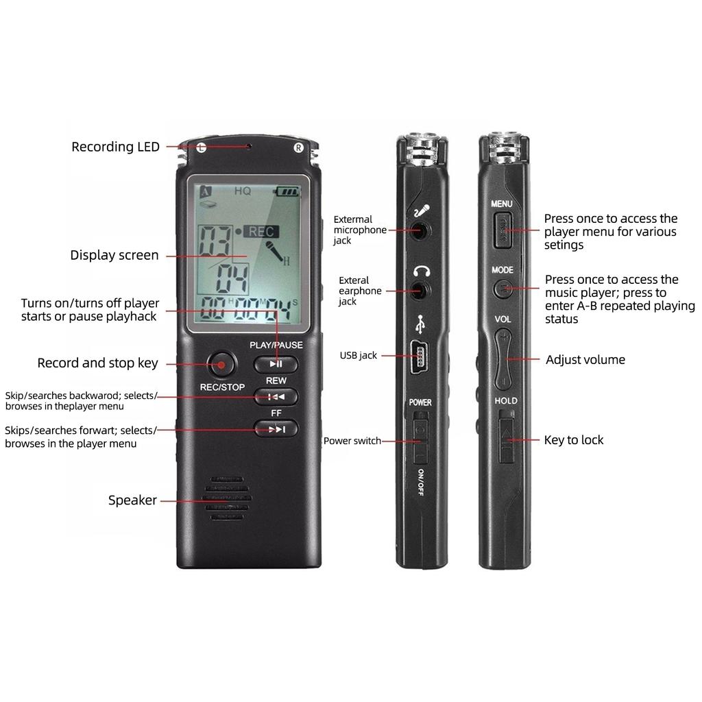 32GB Digital Voice Recorder Voice Activated Recorder MP3 Player 1536Kbps HD Recording Noise Reduction Dual Condenser