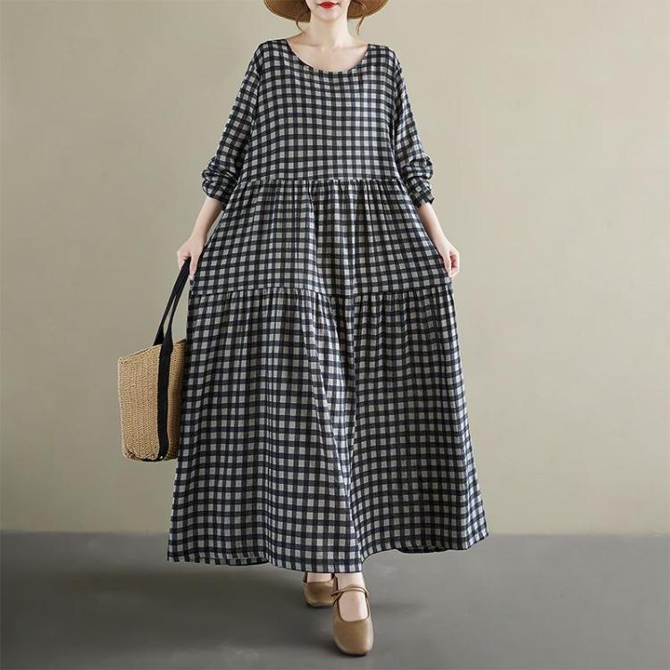 Spring Vintage Floral Print Maxi Dress Plus Size Women Loose Oversize Long Sleeve Casual Basic Long Dress
