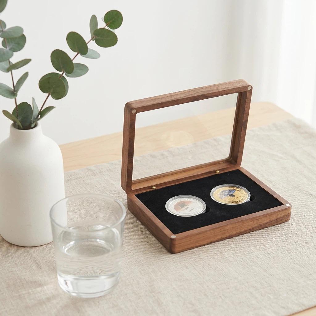 Premium Handmade Custom Engraved Portable Dustproof Solid Walnut Wooden Coin Box 2 Slot Storage Case for Collectors & Souvenirs
