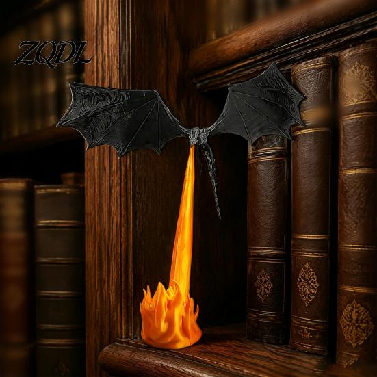 Светильник для книжной полки в уголке со скульптурой дракона, 3D-печатный летающий фэнтезийный дракон, извергающий огонь, Акцентная лампа для полки, Декор края с LED-пламенем, Готический