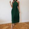 Women's Fashionable Sexy Solid Color Hanging Neck Backless Vacation Sleeveless Pleated Dress