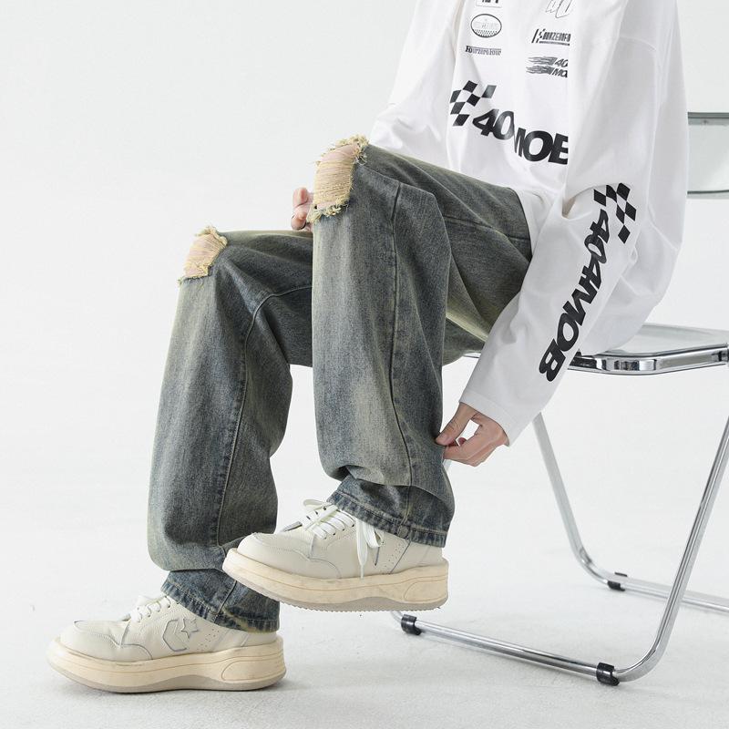 Мужские хлопковые весенние летние рваные джинсы повседневные брюки брюки винтажные широкие джинсовые брюки джинсы для мужчин модная одежда уличная одежда