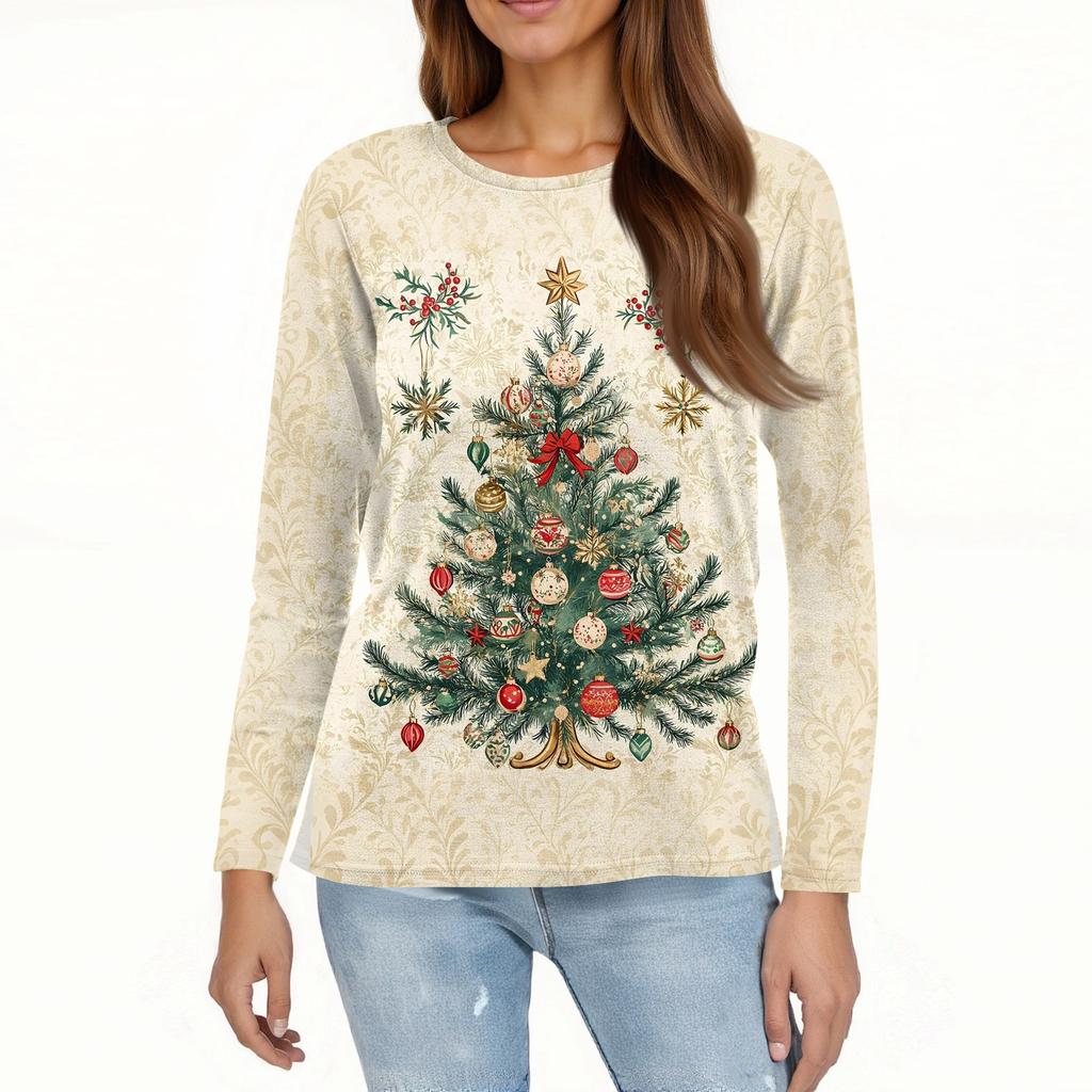 Женская модная повседневная футболка с разрезом по низу, круглым вырезом, длинными рукавами, свободного кроя, с рождественским принтом, женский топ