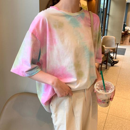 Женская милая футболка Tie Dye O шеи с коротким рукавом, базовая рубашка, свободный топ