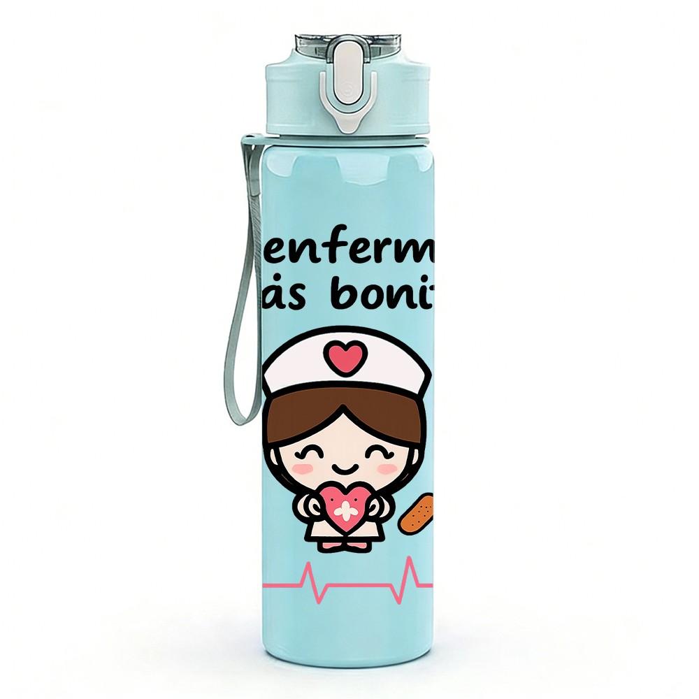 1PC La Enfermera Nurse Cartoon 750ml Color Plastic Sports Water Bottle Leakproof Flip Straw Lid Suitable for Sports Office Home Use