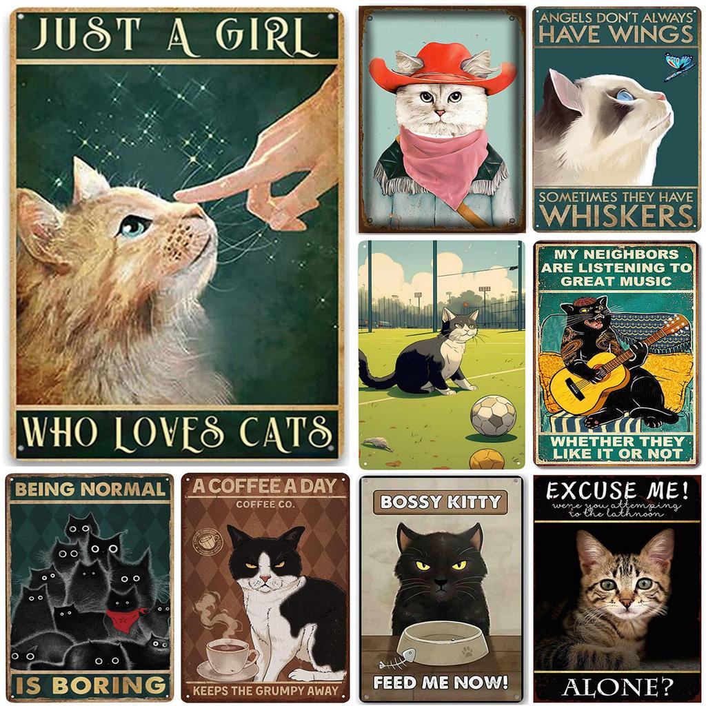 Винтажные кошачьи постеры Металлические жестяные таблички Набор-ПРОСТО ДЕВУШКА, КОТОРАЯ ЛЮБИТ КОШЕК-Декоративное настенное искусство для любителей кошек в доме, офисе или баре