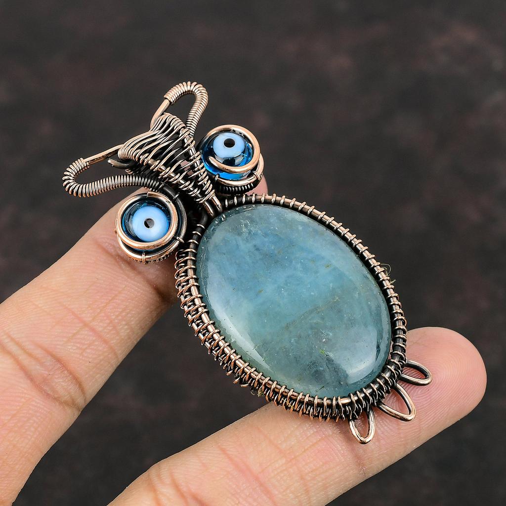Aquamarine Pendant Copper Wire Wrapped Gemstone Pendant Blue Color Evil Eye Pendant Owl Pendant Handmade Copper Wire Jewelry Gift For Mother