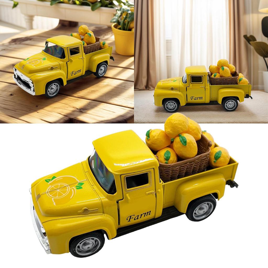 Vintage Alloy Lemon Truck Model with Mini Faux Lemons Summer Home Decors Miniature Vehicle Collectible Ornament Gift